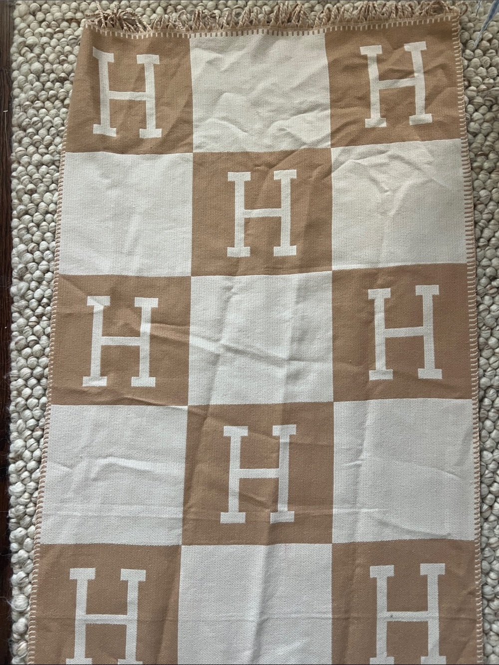 Hermes-Style Cream and Tan H Pattern Throw Blanket